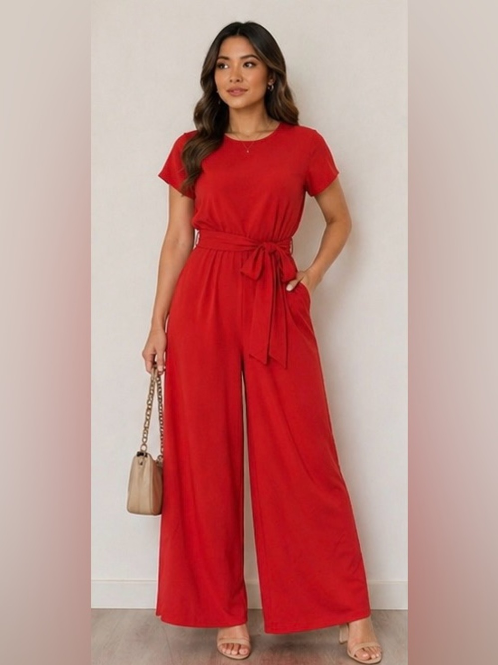 NWT ROBBIE BEE RED TIE-WAIST JUMPSUIT SIZE: L